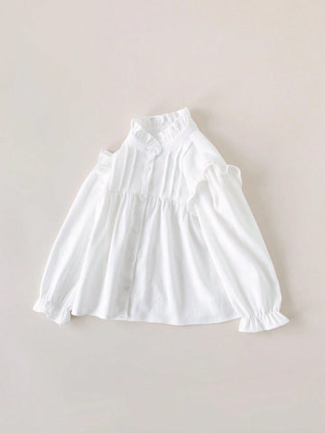 Young Girls Academy Style White Lace Trim Loose Long Sleeve Blouse Back To School Season