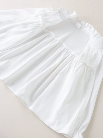 Young Girls Academy Style White Lace Trim Loose Long Sleeve Blouse Back To School Season