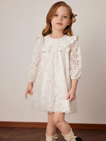 PrepCrw Young Girls' Apricot Lace Knit Loose Fit A-Line Dress, Spring/Summer