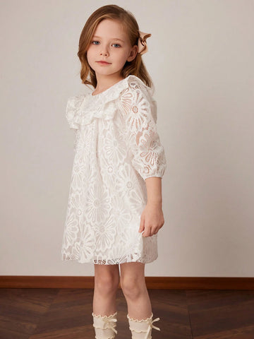 PrepCrw Young Girls' Apricot Lace Knit Loose Fit A-Line Dress, Spring/Summer