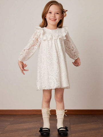 PrepCrw Young Girls' Apricot Lace Knit Loose Fit A-Line Dress, Spring/Summer