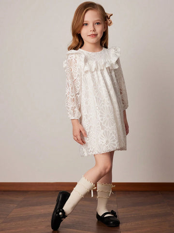 PrepCrw Young Girls' Apricot Lace Knit Loose Fit A-Line Dress, Spring/Summer