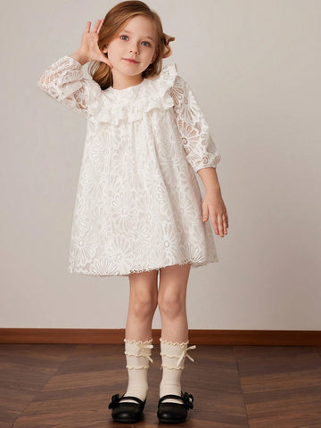 PrepCrw Young Girls' Apricot Lace Knit Loose Fit A-Line Dress, Spring/Summer