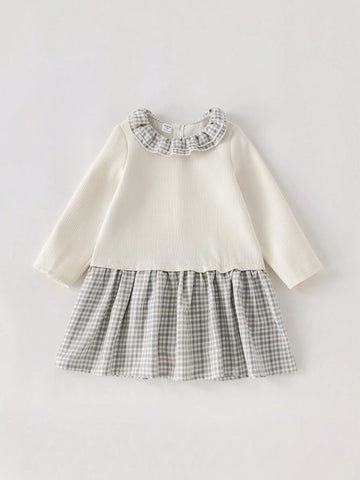PrepCrw Young Girls Apricot Plaid Woven Ruffle Collar Dress, Spring/Summer