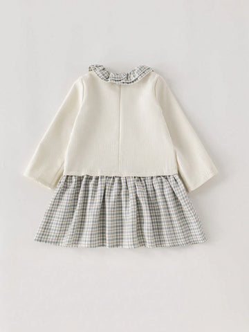 PrepCrw Young Girls Apricot Plaid Woven Ruffle Collar Dress, Spring/Summer