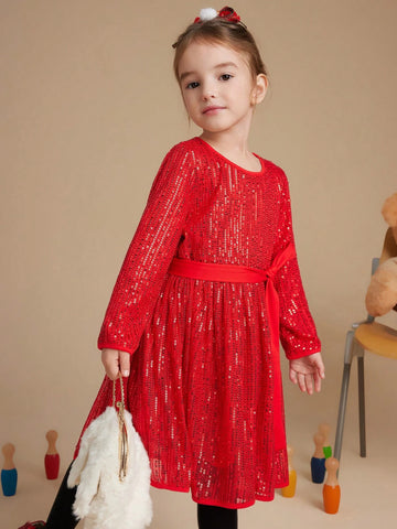PrepCrw Young Girls Autumn/Winter Collage Style Red Beaded Elastic Waistband A-Line Party Dress