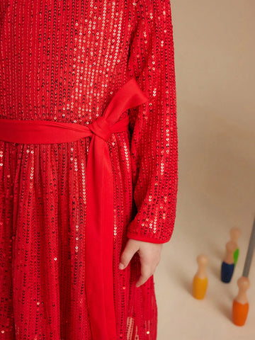 PrepCrw Young Girls Autumn/Winter Collage Style Red Beaded Elastic Waistband A-Line Party Dress