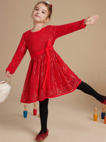 PrepCrw Young Girls Autumn/Winter Collage Style Red Beaded Elastic Waistband A-Line Party Dress
