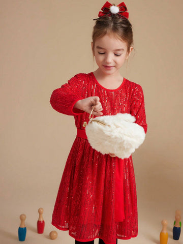 PrepCrw Young Girls Autumn/Winter Collage Style Red Beaded Elastic Waistband A-Line Party Dress