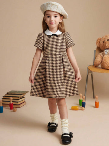 PrepCrw Young Girls' Autumn/Winter College Style Houndstooth A-Line Waisted Dress With Contrast Color Collar