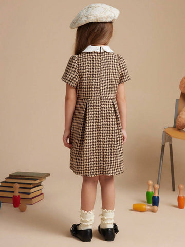 PrepCrw Young Girls' Autumn/Winter College Style Houndstooth A-Line Waisted Dress With Contrast Color Collar