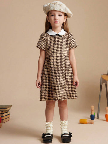 PrepCrw Young Girls' Autumn/Winter College Style Houndstooth A-Line Waisted Dress With Contrast Color Collar