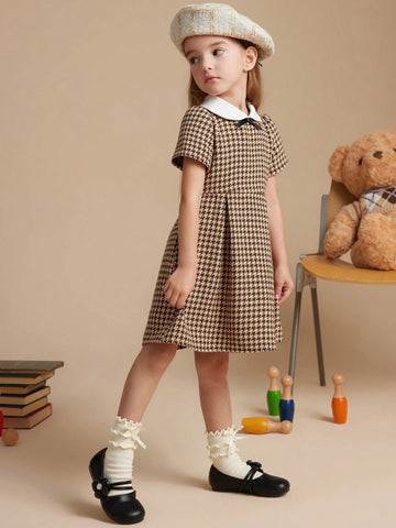 PrepCrw Young Girls' Autumn/Winter College Style Houndstooth A-Line Waisted Dress With Contrast Color Collar