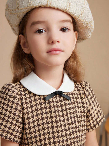 PrepCrw Young Girls' Autumn/Winter College Style Houndstooth A-Line Waisted Dress With Contrast Color Collar