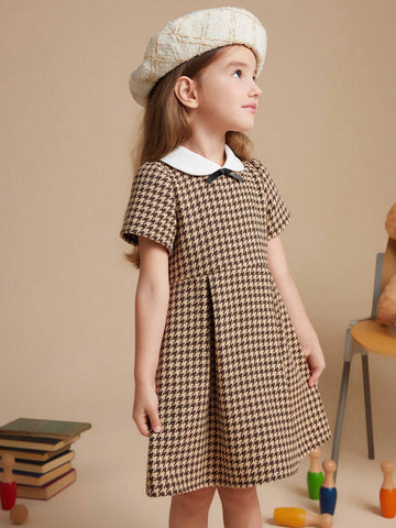 PrepCrw Young Girls' Autumn/Winter College Style Houndstooth A-Line Waisted Dress With Contrast Color Collar