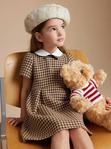 PrepCrw Young Girls' Autumn/Winter College Style Houndstooth A-Line Waisted Dress With Contrast Color Collar