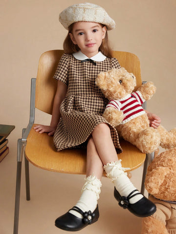 PrepCrw Young Girls' Autumn/Winter College Style Houndstooth A-Line Waisted Dress With Contrast Color Collar