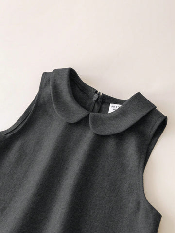 PrepCrw Young Girls Autumn/Winter Loose Woven Sleeveless Brown Dress, Collegiate Style