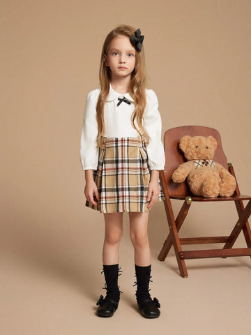 PrepCrw Young Girls Autumn/Winter Preppy British Style White Knit Elastic Check Print Collared Fitted Dress, Back To School