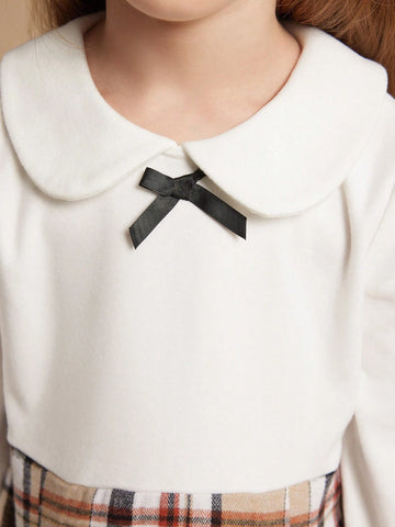 PrepCrw Young Girls Autumn/Winter Preppy British Style White Knit Elastic Check Print Collared Fitted Dress, Back To School