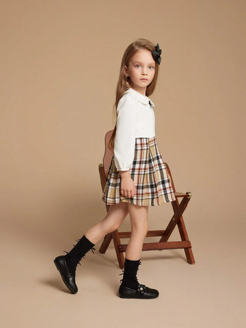 PrepCrw Young Girls Autumn/Winter Preppy British Style White Knit Elastic Check Print Collared Fitted Dress, Back To School