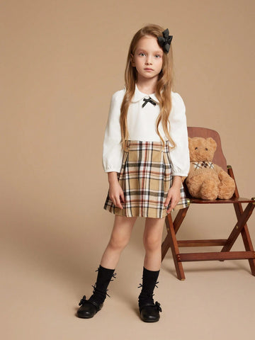 PrepCrw Young Girls Autumn/Winter Preppy British Style White Knit Elastic Check Print Collared Fitted Dress, Back To School