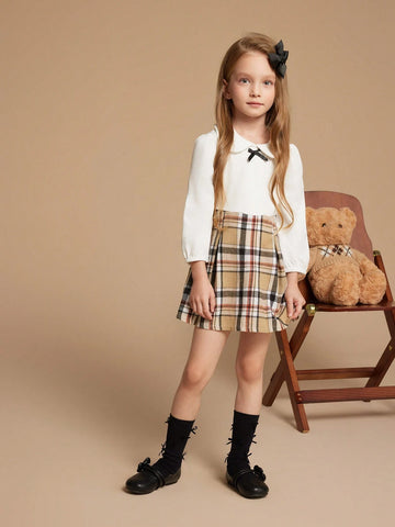 PrepCrw Young Girls Autumn/Winter Preppy British Style White Knit Elastic Check Print Collared Fitted Dress, Back To School
