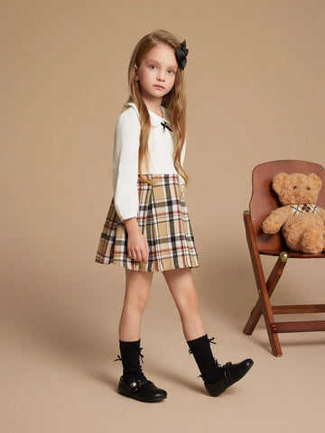 PrepCrw Young Girls Autumn/Winter Preppy British Style White Knit Elastic Check Print Collared Fitted Dress, Back To School