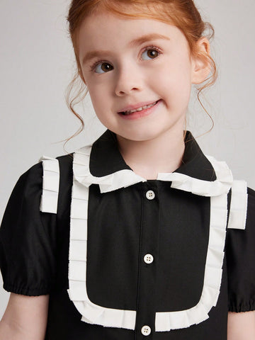 PrepCrw Young Girls' Autumn/Winter Preppy Style Black & White Ruffle Trim Woven Fitted Turndown Collar Front Button Down Dress