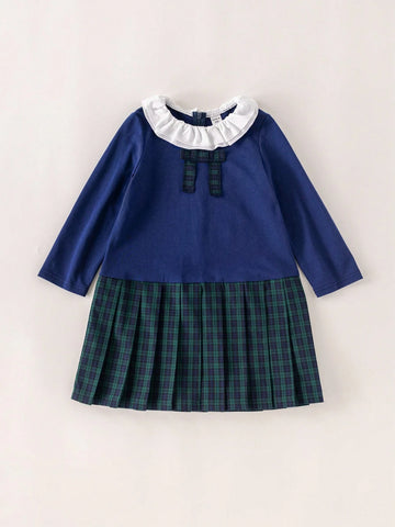 PrepCrw Young Girls' Autumn/Winter School Style Navy & Green Plaid Knit Ruffle Collar Bodycon Dress