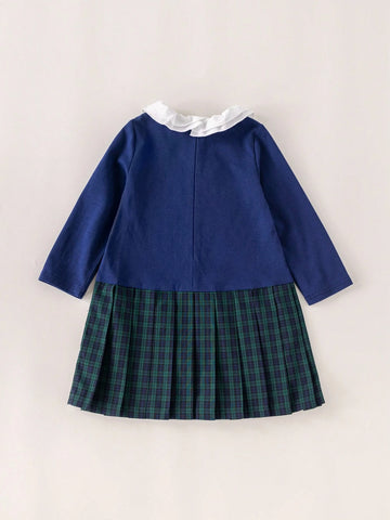 PrepCrw Young Girls' Autumn/Winter School Style Navy & Green Plaid Knit Ruffle Collar Bodycon Dress