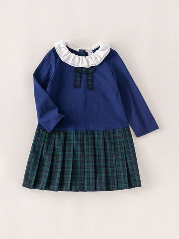 PrepCrw Young Girls' Autumn/Winter School Style Navy & Green Plaid Knit Ruffle Collar Bodycon Dress