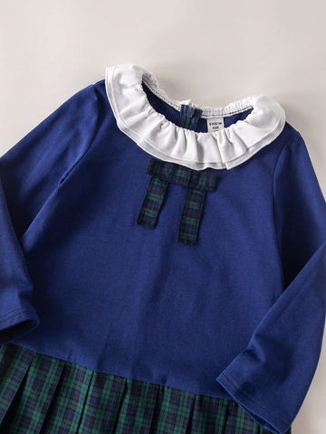 PrepCrw Young Girls' Autumn/Winter School Style Navy & Green Plaid Knit Ruffle Collar Bodycon Dress