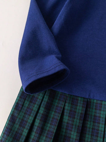 PrepCrw Young Girls' Autumn/Winter School Style Navy & Green Plaid Knit Ruffle Collar Bodycon Dress