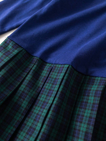 PrepCrw Young Girls' Autumn/Winter School Style Navy & Green Plaid Knit Ruffle Collar Bodycon Dress