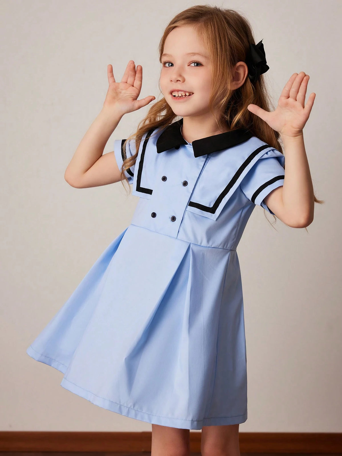 PrepCrw Young Girls' Autumn/Winter School Style White Color Block Ribbon Woven Cinched Waist A-Line Double Breasted Collar Dress