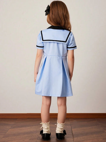 PrepCrw Young Girls' Autumn/Winter School Style White Color Block Ribbon Woven Cinched Waist A-Line Double Breasted Collar Dress