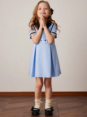 PrepCrw Young Girls' Autumn/Winter School Style White Color Block Ribbon Woven Cinched Waist A-Line Double Breasted Collar Dress