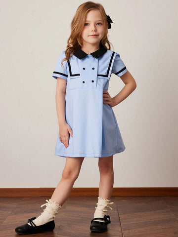 PrepCrw Young Girls' Autumn/Winter School Style White Color Block Ribbon Woven Cinched Waist A-Line Double Breasted Collar Dress