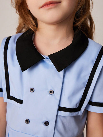 PrepCrw Young Girls' Autumn/Winter School Style White Color Block Ribbon Woven Cinched Waist A-Line Double Breasted Collar Dress