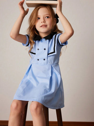 PrepCrw Young Girls' Autumn/Winter School Style White Color Block Ribbon Woven Cinched Waist A-Line Double Breasted Collar Dress