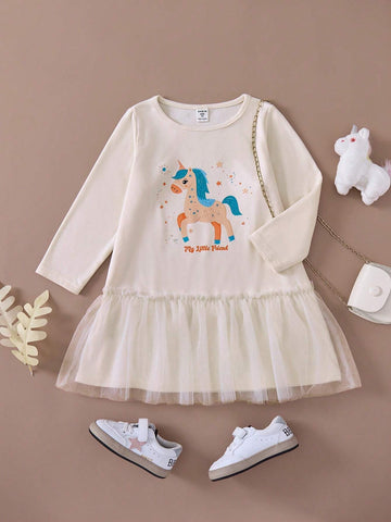 PrepCrw Young Girls' Autumn Winter School Style Apricot Unicorn Print Knit Patchwork Mesh Loose Round Neck Long Dress