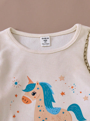 PrepCrw Young Girls' Autumn Winter School Style Apricot Unicorn Print Knit Patchwork Mesh Loose Round Neck Long Dress