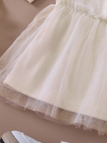 PrepCrw Young Girls' Autumn Winter School Style Apricot Unicorn Print Knit Patchwork Mesh Loose Round Neck Long Dress