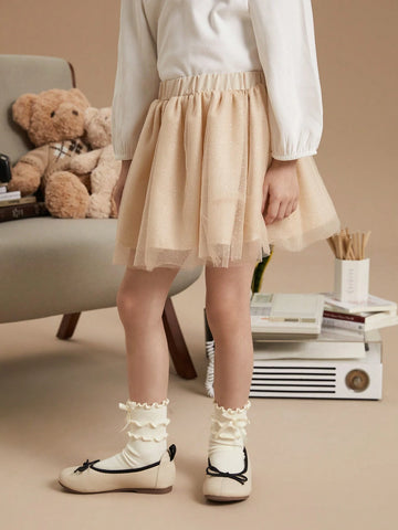 PrepCrw Young Girls Beige Christmas Knit Pleated A-Line Midi Skirt, Loose Academic Style, Autumn & Winter