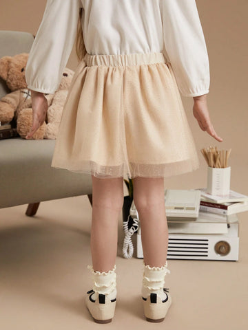 PrepCrw Young Girls Beige Christmas Knit Pleated A-Line Midi Skirt, Loose Academic Style, Autumn & Winter