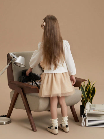 PrepCrw Young Girls Beige Christmas Knit Pleated A-Line Midi Skirt, Loose Academic Style, Autumn & Winter