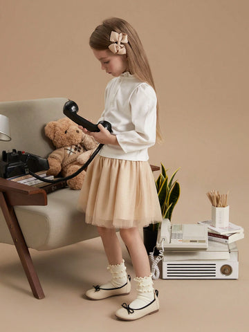 PrepCrw Young Girls Beige Christmas Knit Pleated A-Line Midi Skirt, Loose Academic Style, Autumn & Winter