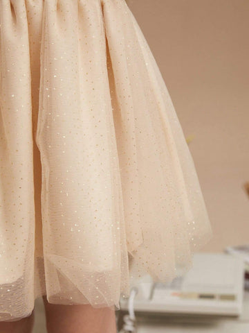 PrepCrw Young Girls Beige Christmas Knit Pleated A-Line Midi Skirt, Loose Academic Style, Autumn & Winter