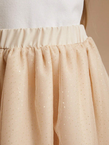 PrepCrw Young Girls Beige Christmas Knit Pleated A-Line Midi Skirt, Loose Academic Style, Autumn & Winter